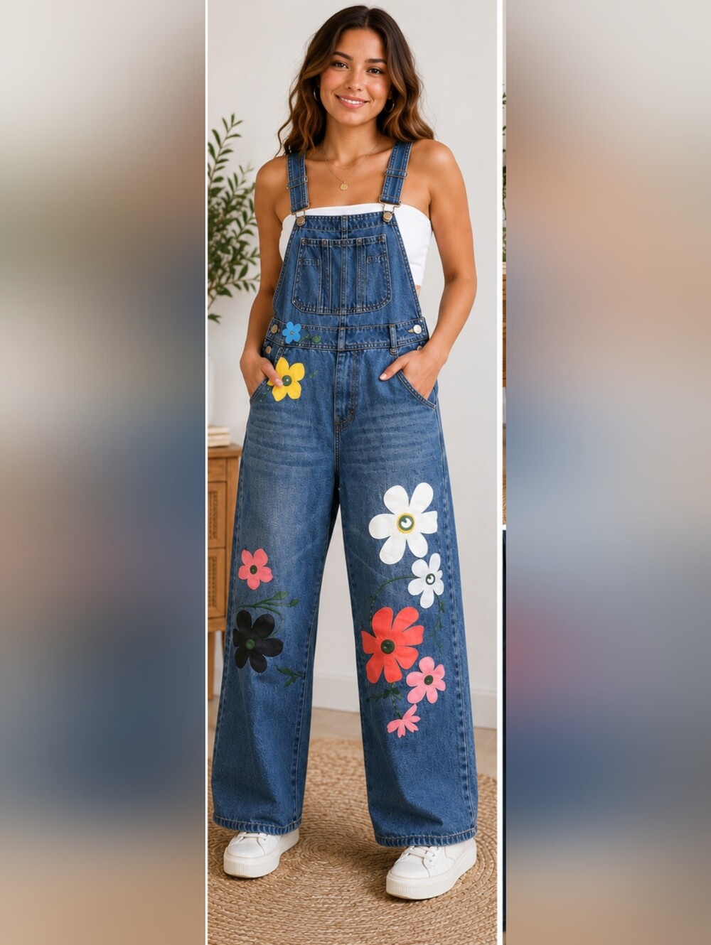 MISSLOOK Blue Denim Overalls with Multicolor Floral Appliqués Sx 2XL